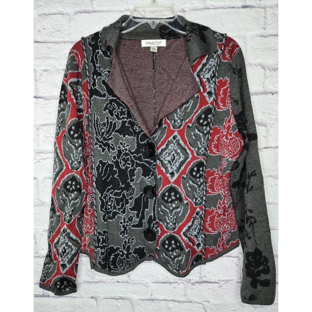 Coldwater Creek Knit Wool Blend gray red boho cardigan comfy Large.